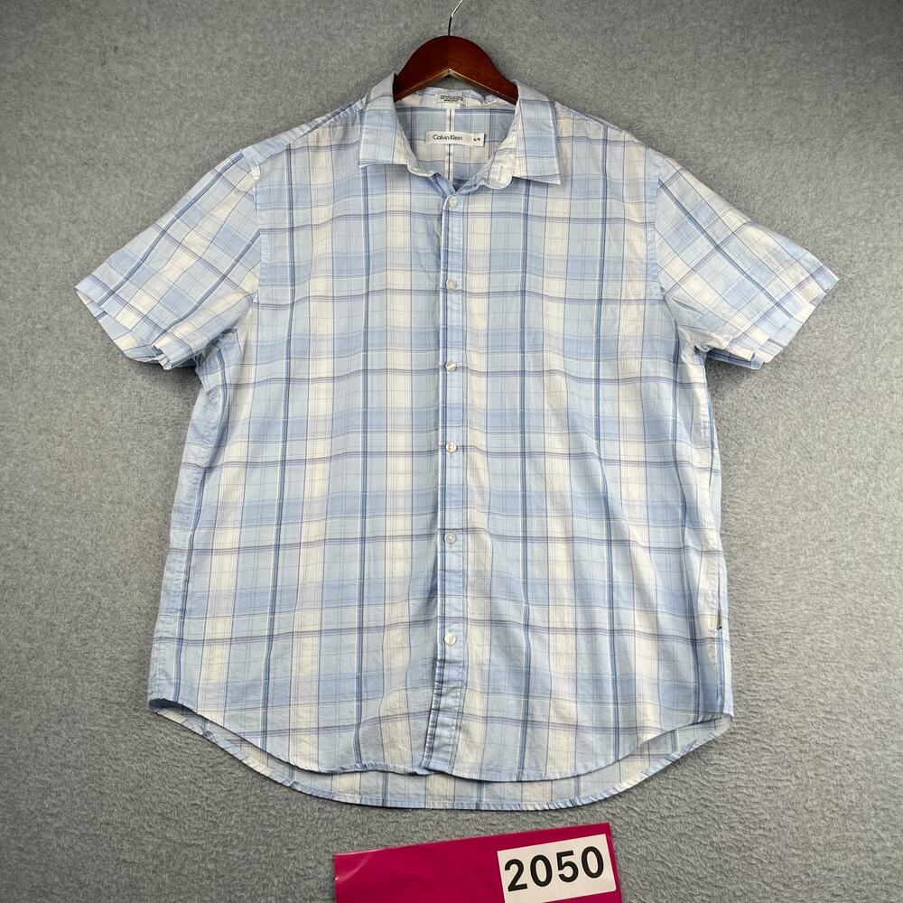 Calvin Klein Shirt Blue White Plaid Casual Button Up Short Sleeve Mens XL